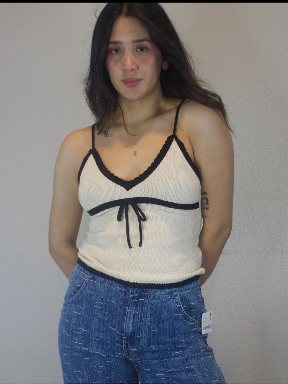 Another Girl Cream and Black Trim Cami Knit Top M